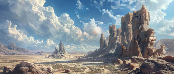 Mysterious ruins amid the desert and clouds convey a spirit of adventure as a backdrop for fantasy books or computer games.
