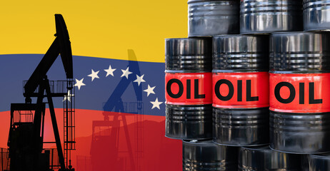 Silhouette of oil rig and oil barrels on a background of Venezuela flag