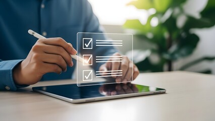 Person interacting with a digital checklist on a tablet