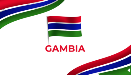 The gambia flag with green red and blue stripes and the word gambia in red lettering is displayed centrally white background cutout