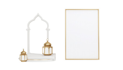 Two small decorative objects sit next to a framed blank white canvas or picture frame, all on a pure white background cutout