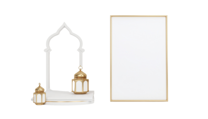 Two small decorative objects sit next to a framed blank white canvas or picture frame, all on a pure white background cutout