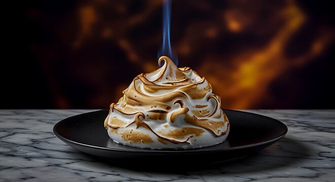 Baked Alaska Dessert with Blue Flame Burning on Top on a Black Plate meringue fire
