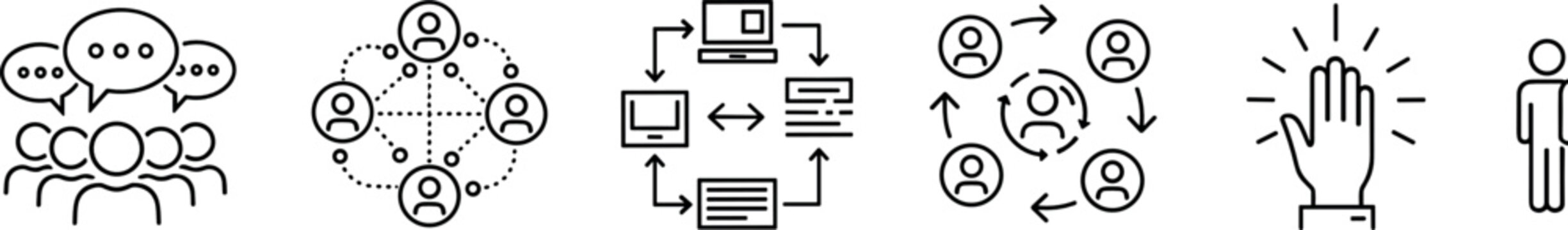 Communication and teamwork line icon set vector illustration showing discussion network workflow collaboration feedback and interaction symbols for business process and social concept design