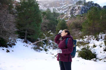 Woman Hiker In Burgundy Jacket Exploring Snowy Mountain Trail With Backpack