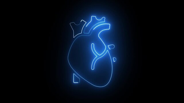 abstract blue color glowing human heart anatomy icon animation on dark black background. 4k video