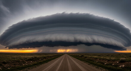 Obraz premium Dramatic sunset landscape featuring a massive, dark shelf cloud over a flat, grassy field and road, conveying power, nature's immensity, and awe-inspiring weather phenomena