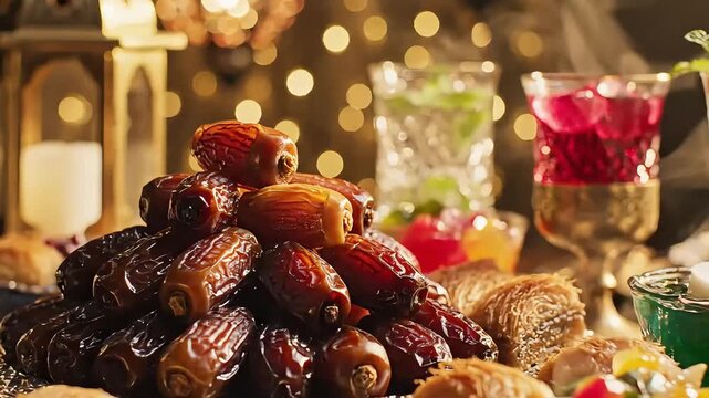 Festive Iftar table spread with dates and sweets for Ramadan
