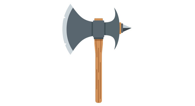 Powerful double-headed battle axe weapon illustration. Sharp steel blades, rustic wooden handle. Graphic symbol for ancient warfare, medieval combat, and fantasy adventure themes