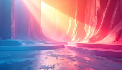 Ethereal Abstract Stage with Vibrant Gradient Lighting, Flowing Forms, and Reflective Floor