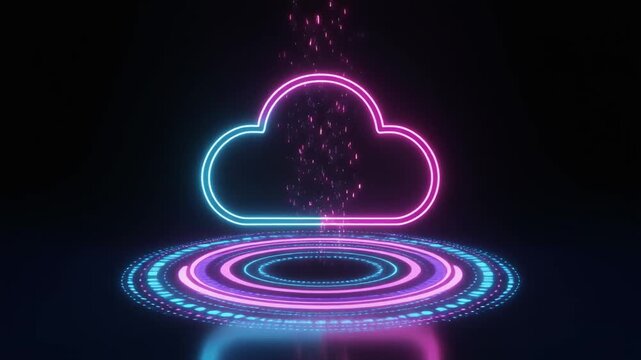 Pink and cyan neon cloud symbol on a glowing circular platform with digital particles emanating upwards