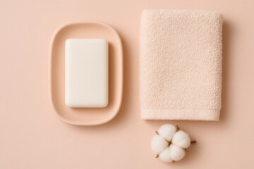 Personal hygiene items arranged with a solid soap bar, a folded cotton towel, and a natural cotton flower