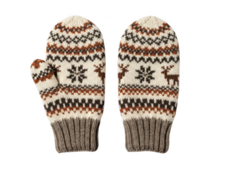 Pair of knitted mittens with reindeer and snowflake pattern in brown png isolated transparent background white and grey