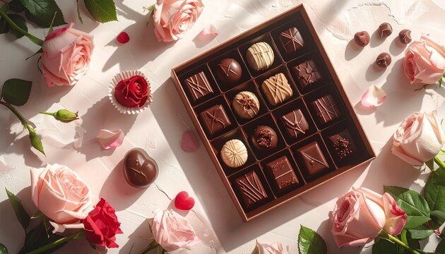 Chocolate gift box. Assorted chocolates. Valentine's Day treats. Pink roses. Sweets and flowers. Gift box of chocolates. Dessert and rose arrangement. Valentine day gift. Brown box of