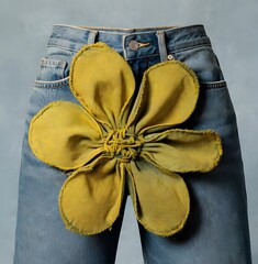 Close up of blue denim jeans with handmade fabric flower, creative womens fashion detail, minimal background, high quality studio photography.