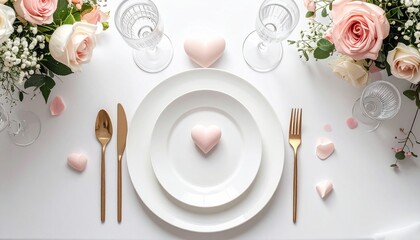 Valentine's Day table setting. Romantic dinner setup with pink hearts. White plates and gold cutlery. Pink roses and flowers. Elegant table decoration. Heart-shaped dessert. Fine dining
