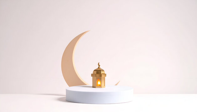 Golden Lantern on White Circular Platform with Crescent Moon Decor