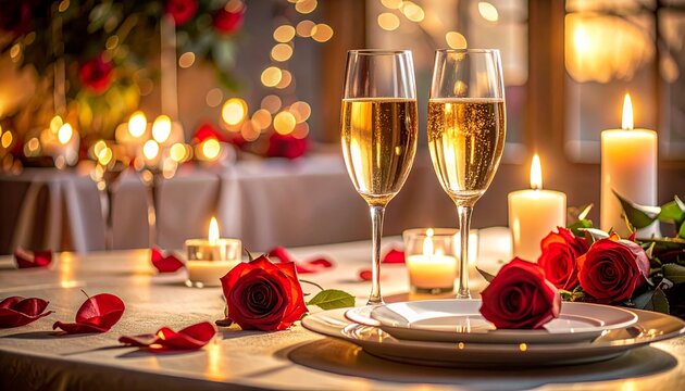 Romantic valentine dinner setup. Two glasses of champagne. Red roses and candles on table. Valentine's Day celebration. Intimate evening. Wine glasses. Candlelight dinner. Restaurant