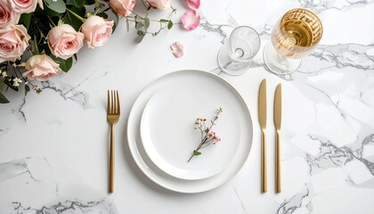 Valentine's Day table setting. Romantic dinner setup. White plate with flower. Gold cutlery. Marble table background. Pink roses bouquet. Wine glass. Seamless pattern for valentine. Vector