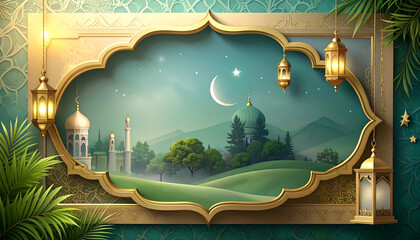 Luxurious Arabian Window Frame with Crescent Moon Landscape