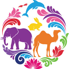 Fototapeta premium Colorful animal circle illustration with elephant camel rabbit dolphin, decorative floral frame vector design, wildlife artwork, ornamental nature inspired animal graphic