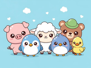 Adorable farm friends with cute animals on blue background