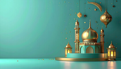 Golden Mosque Miniature on Teal Stage with Lanterns and Stars