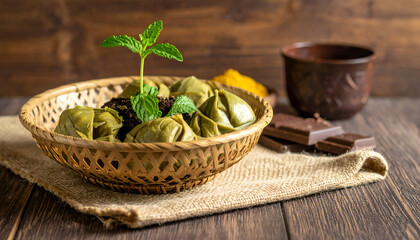 Green Dumplings in a Woven Basket with Mint Plant on Burlap and Chocolate Bar on Wooden Table