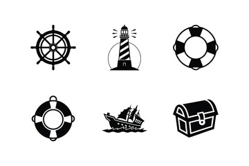 Set of Nautical Icons. Nautical Elements Collection for Summer Travel and Sailing. Marine Life Symbols Isolated on White Background