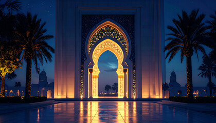 Illuminated Archway Entrance at Night with Palm Trees