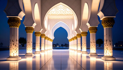 Grand White Marble Arches with Illuminated Columns at Twilight
