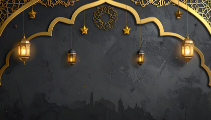 Elegant Ramadan Lanterns and Golden Arch Decor on Dark Wall