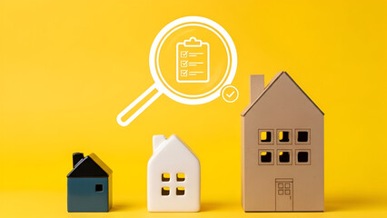 House hunting process involves careful inspection and checklist verification symbolized by magnifying glass over property models