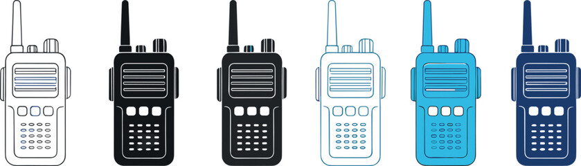 Walkie talkie radio communication device icon set vector illustration featuring handheld two way radios in multiple colors for security, emergency, construction, and outdoor communication design © MdNazmul