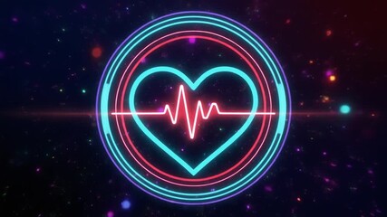 Neon Heart In Circle With Heartbeat Against Cosmic Background With Bokeh love cardiology - Powered by Adobe