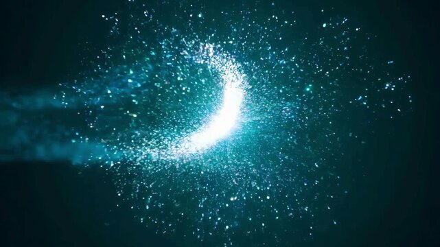 Cyan energy magic spell projectile flying. Blue comet fireball with light trail moving on dark background.