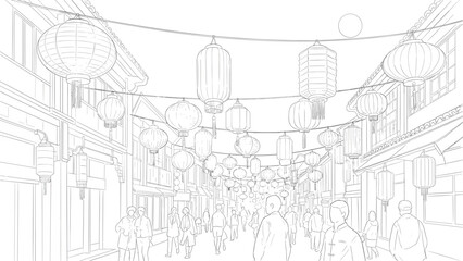 Fototapeta premium Vibrant street scene with people walking under colorful lanterns in a bustling city, Generative AI.