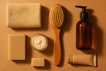 Collection of natural spa and wellness products arranged as a flat lay. Concepts of self care and organic beauty