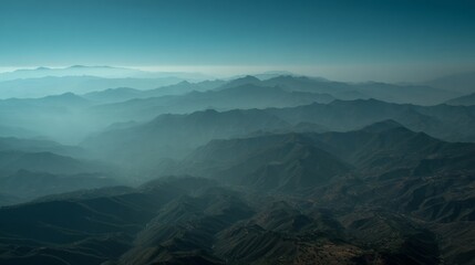 Misty Mountain Landscape with Foothills and Hills.