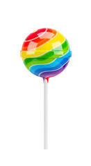Fototapeta premium Shiny, round, rainbow lollipop on a white stick, on a clean white background