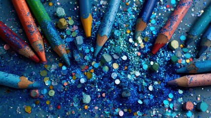 Obraz premium Glitter Colored Pencils on Blue Sparkle Background
