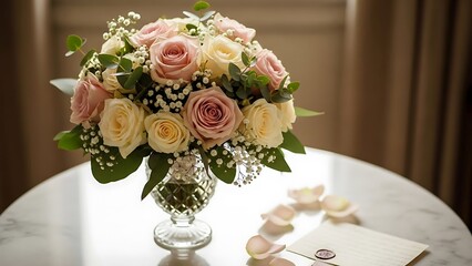 Obraz premium Elegant bouquet of pink and white roses on a marble table 