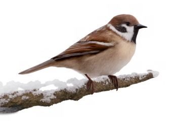 Eurasian tree sparrow perching on a snowy branch, isolated, representing winter wildlife and cold season