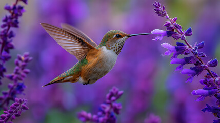Hummingbird Feeding on Vibrant Purple Flower in Nature