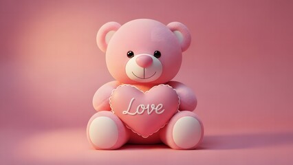 A pink teddy bear holding a heart with the word 'love'