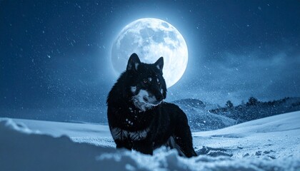 Black cat sitting on snowy ground under full moon at Page Page night.