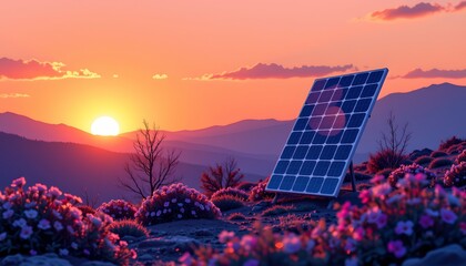 A serene nighttime landscape where a solar panel is prominently placed in the foreground with a mountainous backdrop under a starry sky.