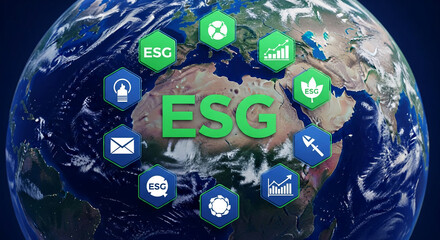ESG concept visualized on earth globe, surrounded by hexagonal icons representing environmental, social, and governance factors, showcasing global sustainability and responsible business practices