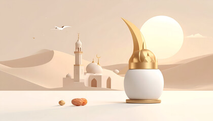 Golden Ramadan Lantern in Desert Scene with Mosque and Sun