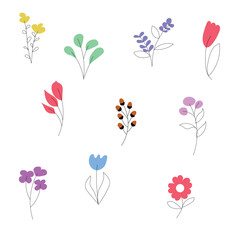 minimal hand drawn floral doodle set with abstract flowers, leaves and branches in pastel colors, simple botanical elements with thin black outline, modern scandinavian style illustration isolated on 